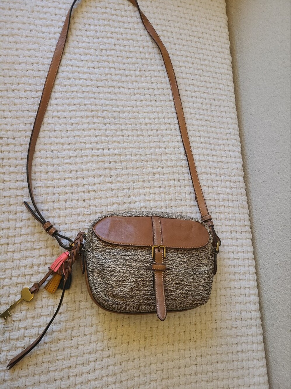 Fossil Leather-Trim Crossbody Bag in Brown and Tan - Picture 3 of 8